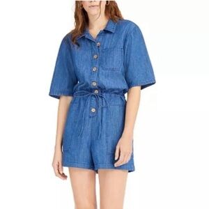 Oat New York Blue Denim Chambray Drawstring Short Sleeve Romper Size Small